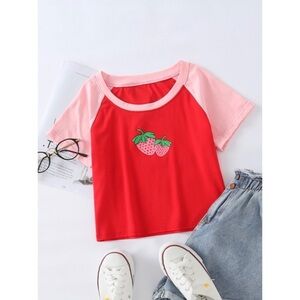 Strawberry print cropped top fun graphic t-shirt cotton red pink short sleeve S